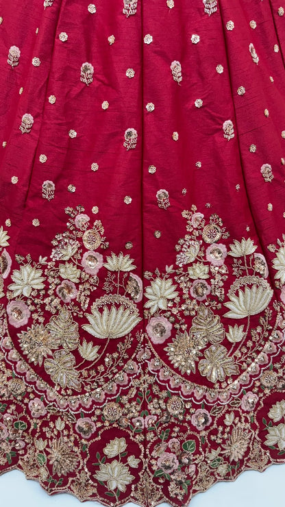 Maroon Pure Soft Satin Silk Heavy Beads Motif Zari Embroidery Sequins Work Bridal Lehenga Choli