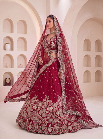 Maroon Pure Soft Satin Silk Heavy Beads Motif Zari Embroidery Sequins Work Bridal Lehenga Choli