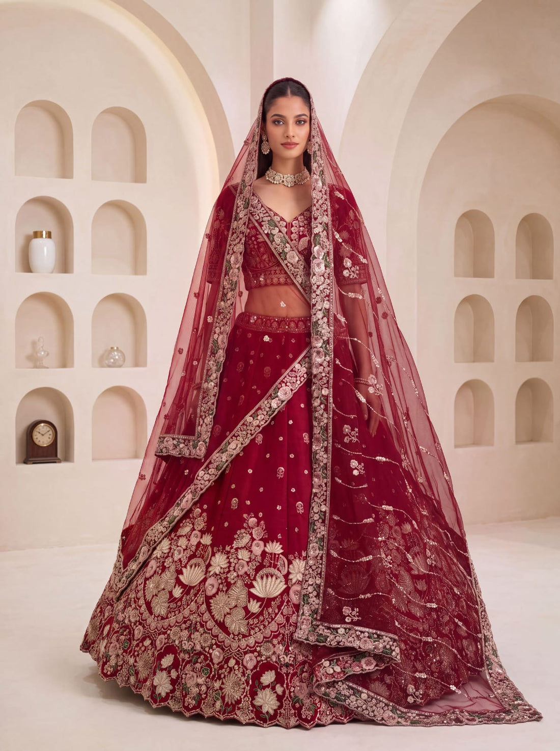 Maroon Pure Soft Satin Silk Heavy Beads Motif Zari Embroidery Sequins Work Bridal Lehenga Choli