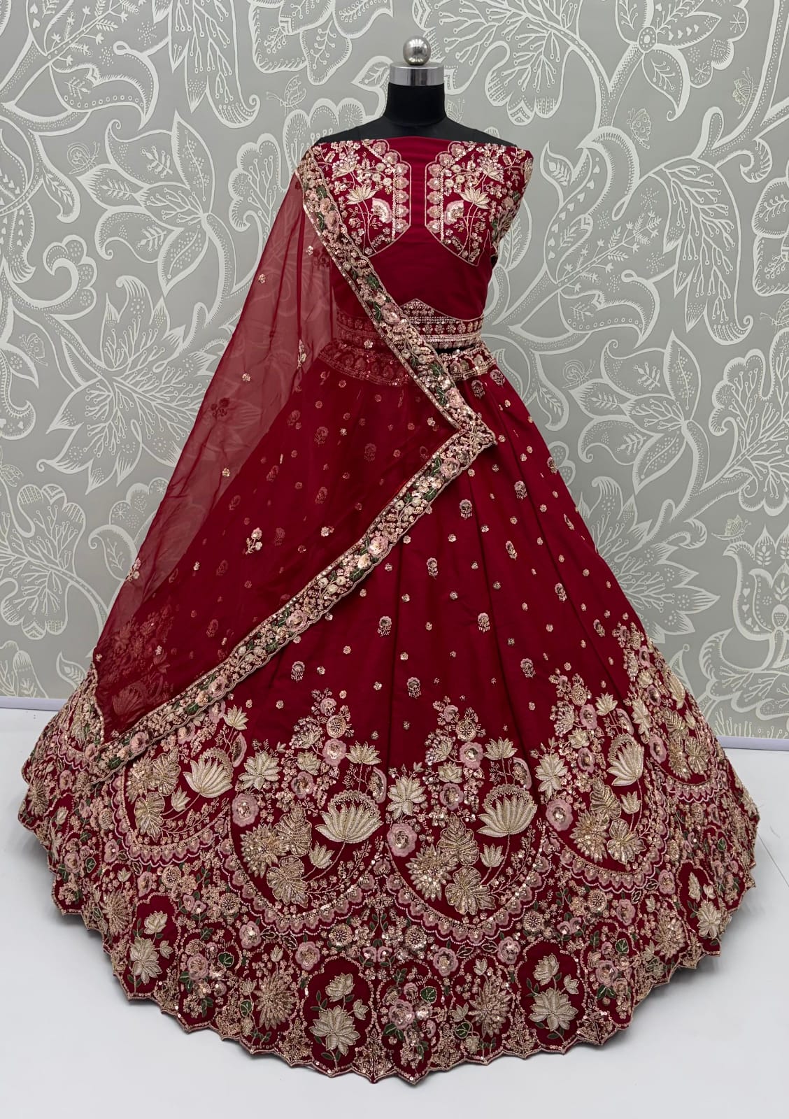 Maroon Pure Soft Satin Silk Heavy Beads Motif Zari Embroidery Sequins Work Bridal Lehenga Choli