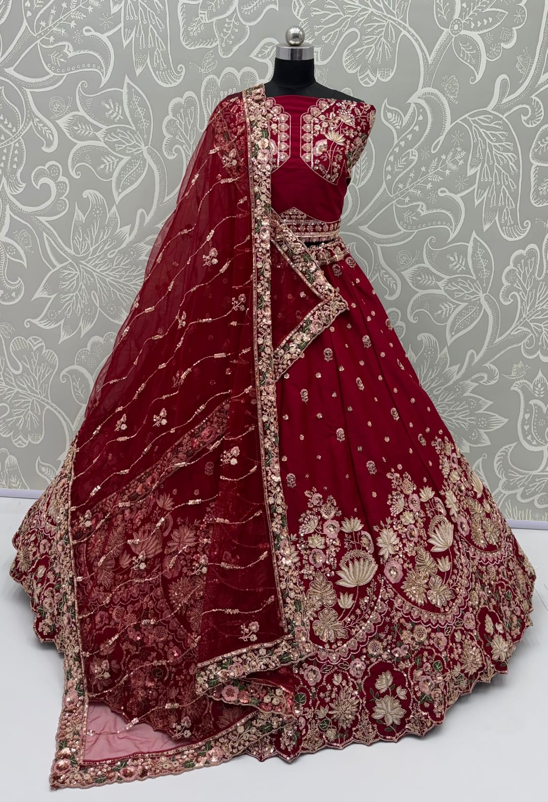 Maroon Pure Soft Satin Silk Heavy Beads Motif Zari Embroidery Sequins Work Bridal Lehenga Choli