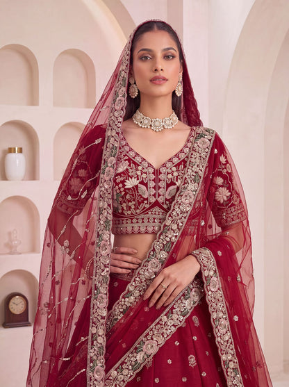 Maroon Pure Soft Satin Silk Heavy Beads Motif Zari Embroidery Sequins Work Bridal Lehenga Choli