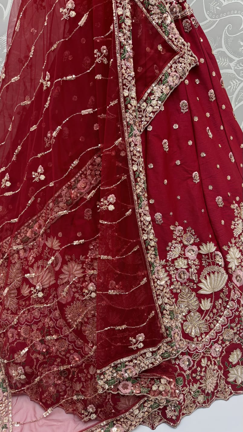 Maroon Pure Soft Satin Silk Heavy Beads Motif Zari Embroidery Sequins Work Bridal Lehenga Choli