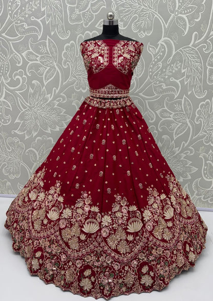 Maroon Pure Soft Satin Silk Heavy Beads Motif Zari Embroidery Sequins Work Bridal Lehenga Choli