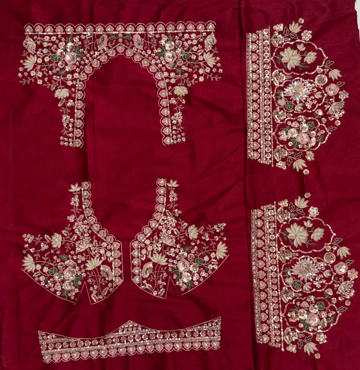 Maroon Pure Soft Satin Silk Heavy Beads Motif Zari Embroidery Sequins Work Bridal Lehenga Choli