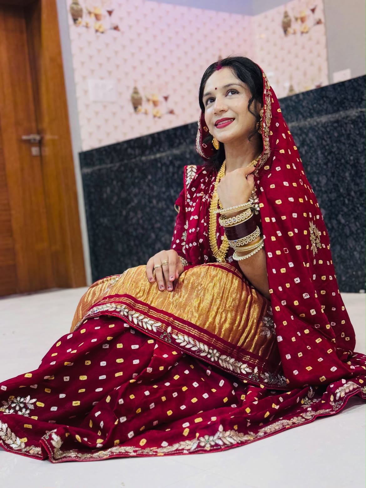 Maroon Pure Gaji Silk Bandhani With Gota Pati Lagdi Patta Bandhani Saree