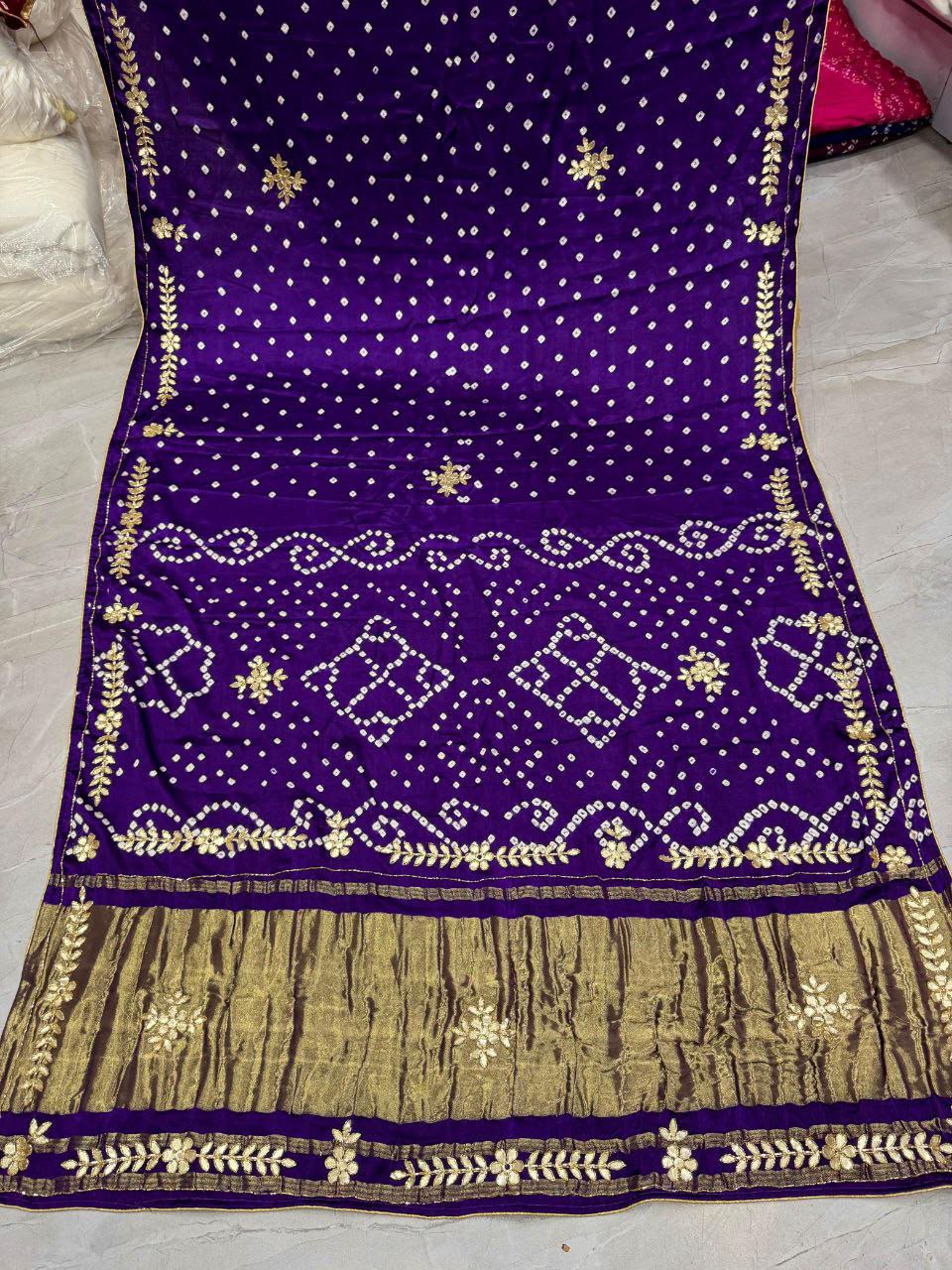 Purple Pure Gaji Silk Bandhani With Gota Pati Lagdi Patta Bandhani Saree