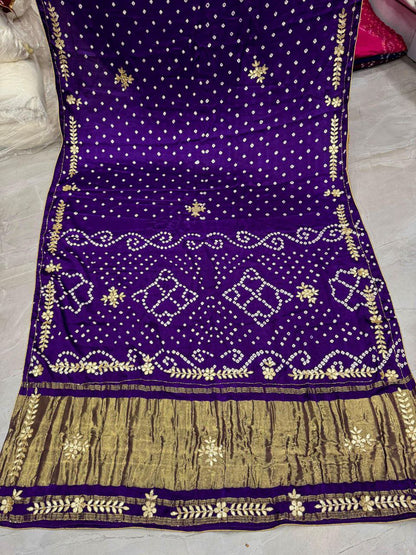 Purple Pure Gaji Silk Bandhani With Gota Pati Lagdi Patta Bandhani Saree