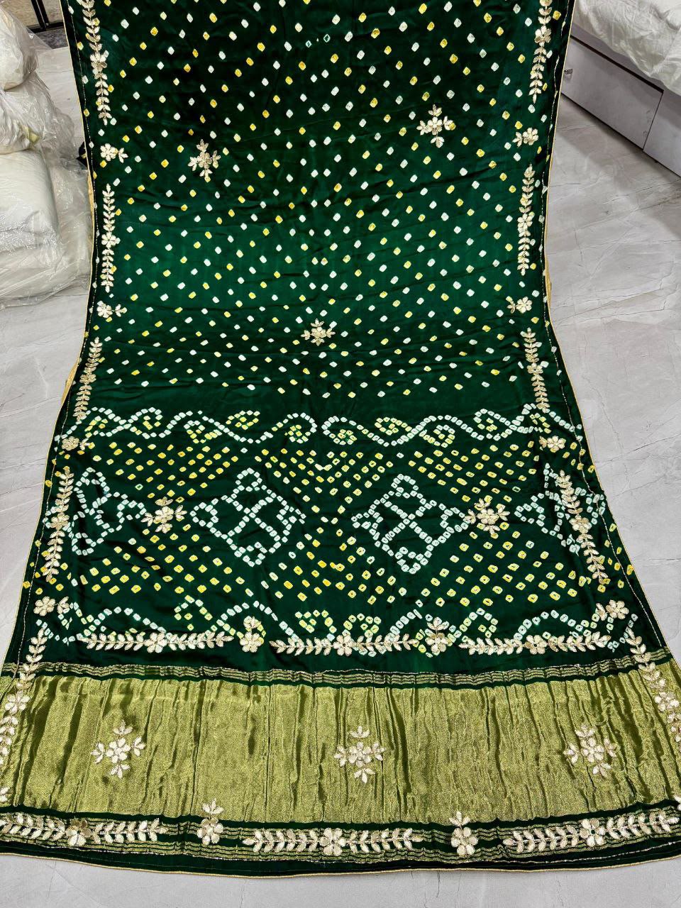 Green Pure Gaji Silk Bandhani With Gota Pati Lagdi Patta Bandhani Saree
