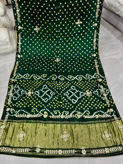 Green Pure Gaji Silk Bandhani With Gota Pati Lagdi Patta Bandhani Saree