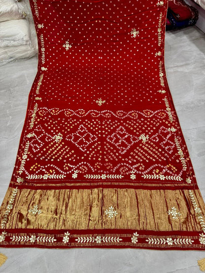 Red Pure Gaji Silk Bandhani With Gota Pati Lagdi Patta Bandhani Saree