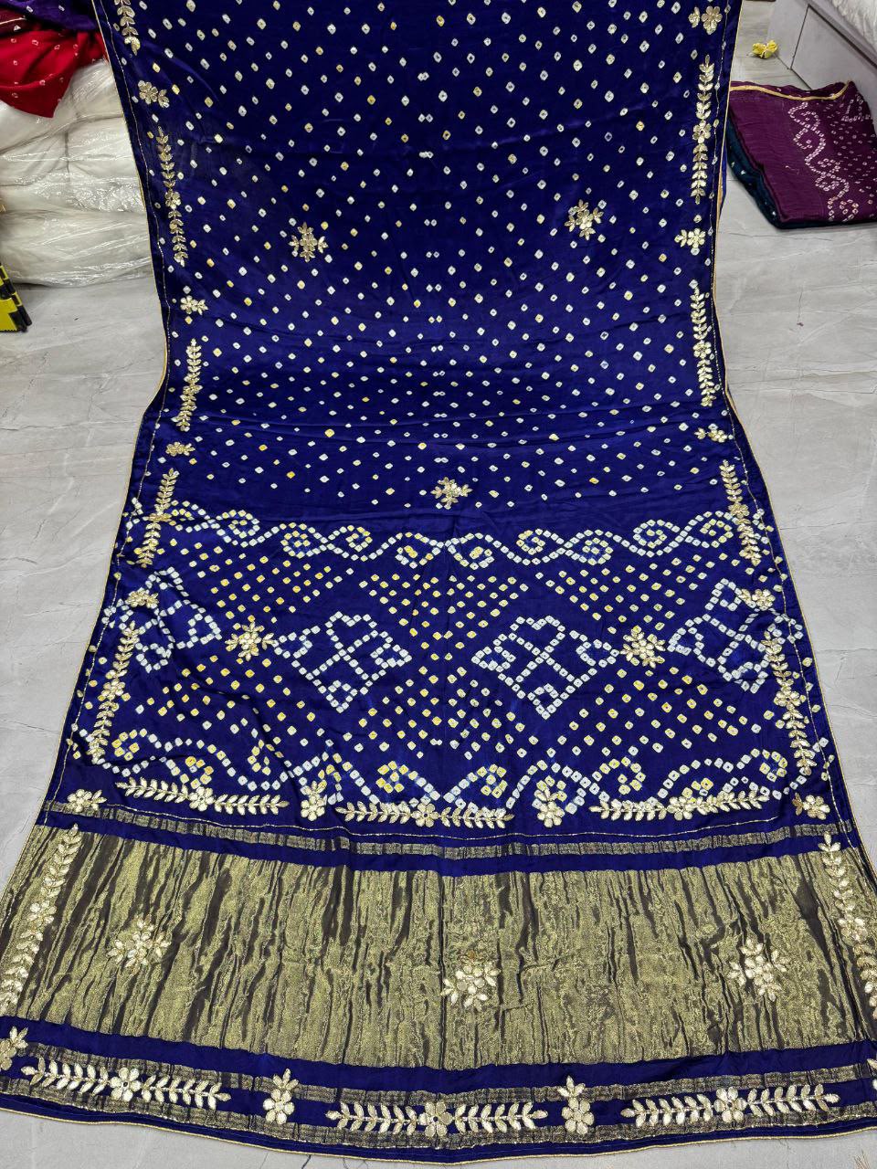 Blue Pure Gaji Silk Bandhani With Gota Pati Lagdi Patta Bandhani Saree