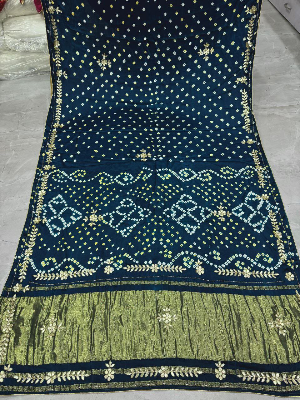 Navy Pure Gaji Silk Bandhani With Gota Pati Lagdi Patta Bandhani Saree