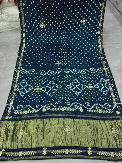 Navy Pure Gaji Silk Bandhani With Gota Pati Lagdi Patta Bandhani Saree
