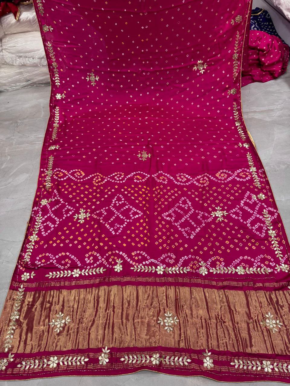 Pink Pure Gaji Silk Bandhani With Gota Pati Lagdi Patta Bandhani Saree