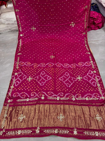Pink Pure Gaji Silk Bandhani With Gota Pati Lagdi Patta Bandhani Saree