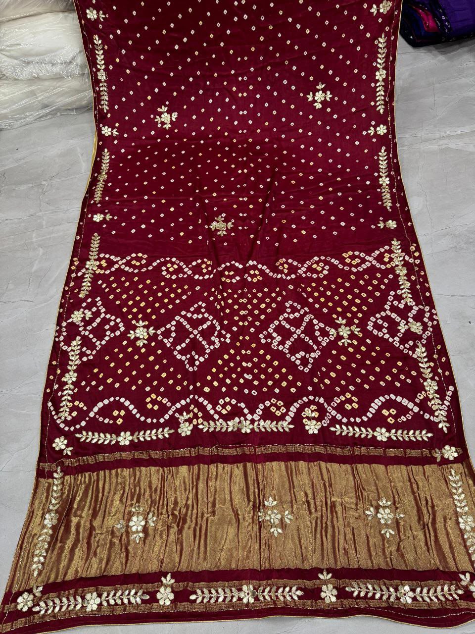 Maroon Pure Gaji Silk Bandhani With Gota Pati Lagdi Patta Bandhani Saree