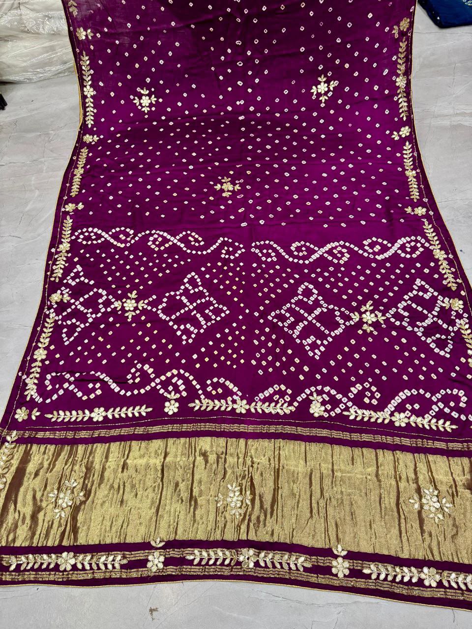 Purple Pure Gaji Silk Bandhani With Gota Pati Lagdi Patta Bandhani Saree