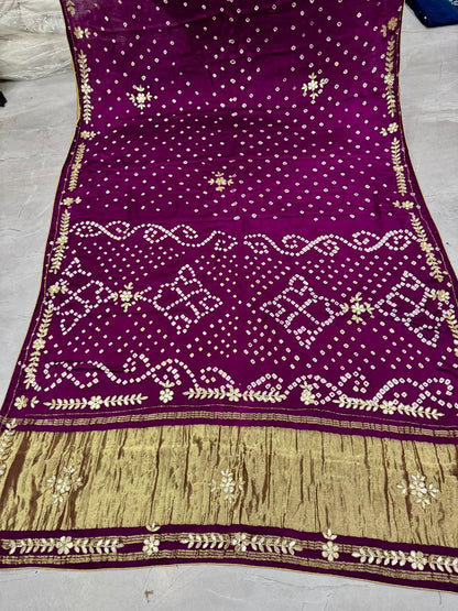 Purple Pure Gaji Silk Bandhani With Gota Pati Lagdi Patta Bandhani Saree