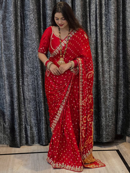 Red Pure Gaji Silk Bandhani With Gota Pati Lagdi Patta Bandhani Saree