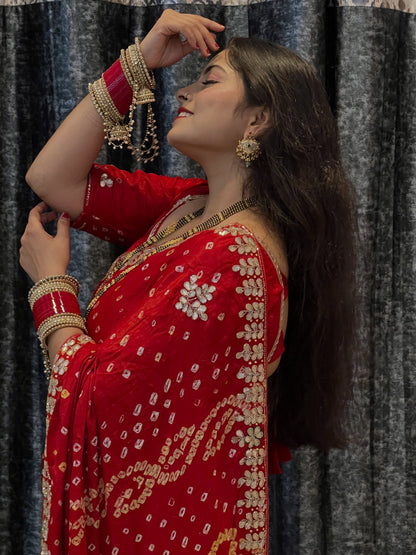 Red Pure Gaji Silk Bandhani With Gota Pati Lagdi Patta Bandhani Saree