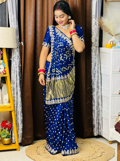 Royal Blue Pure Gaji Silk Bandhani With Gota Pati Lagdi Patta Bandhani Saree