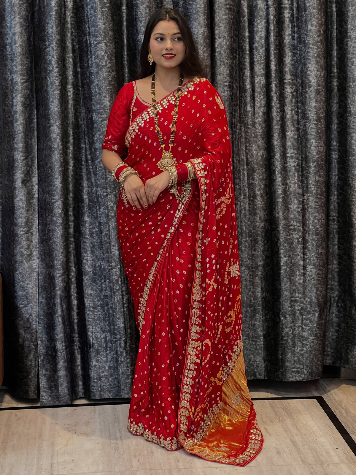Red Pure Gaji Silk Bandhani With Gota Pati Lagdi Patta Bandhani Saree