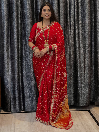 Red Pure Gaji Silk Bandhani With Gota Pati Lagdi Patta Bandhani Saree