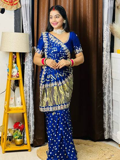 Royal Blue Pure Gaji Silk Bandhani With Gota Pati Lagdi Patta Bandhani Saree