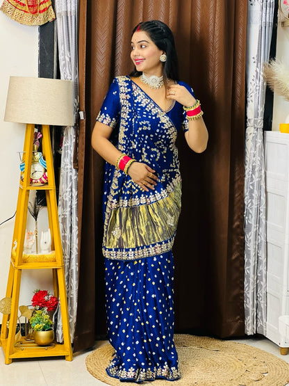 Royal Blue Pure Gaji Silk Bandhani With Gota Pati Lagdi Patta Bandhani Saree