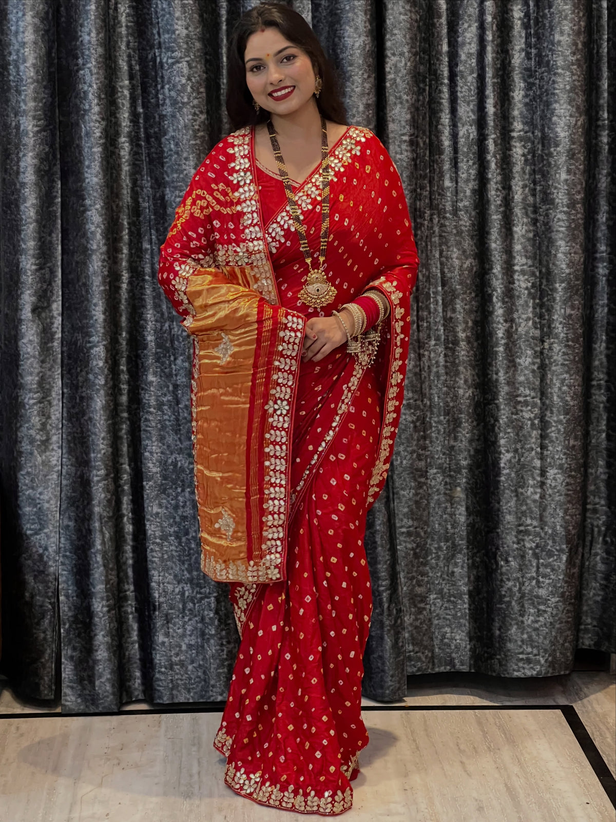 Red Pure Gaji Silk Bandhani With Gota Pati Lagdi Patta Bandhani Saree