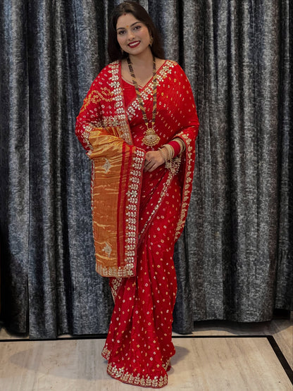 Red Pure Gaji Silk Bandhani With Gota Pati Lagdi Patta Bandhani Saree