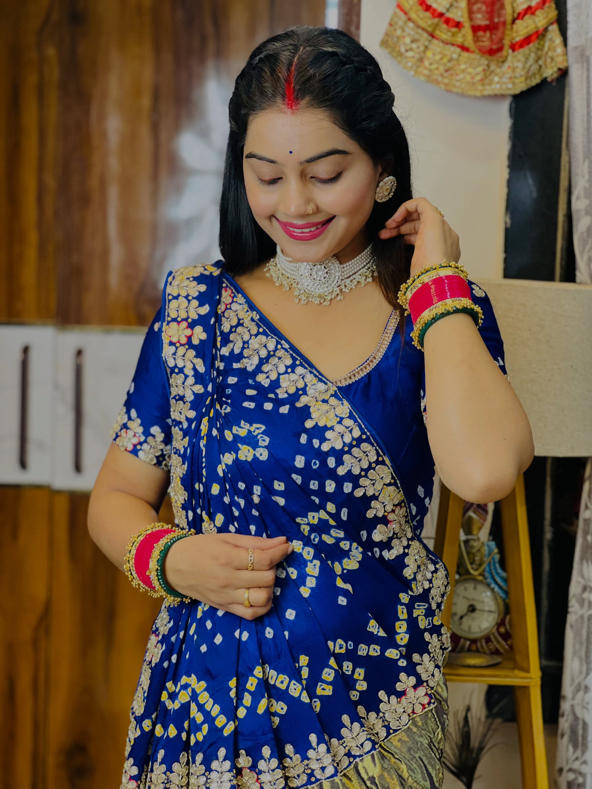 Royal Blue Pure Gaji Silk Bandhani With Gota Pati Lagdi Patta Bandhani Saree