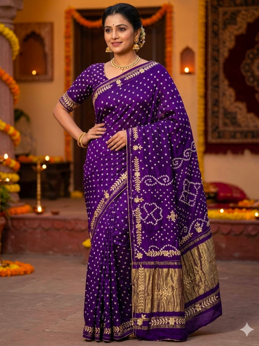 Purple Pure Gaji Silk Bandhani With Gota Pati Lagdi Patta Bandhani Saree