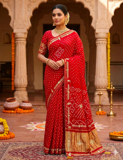 Red Pure Gaji Silk Bandhani With Gota Pati Lagdi Patta Bandhani Saree