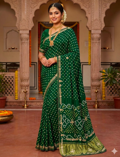 Green Pure Gaji Silk Bandhani With Gota Pati Lagdi Patta Bandhani Saree