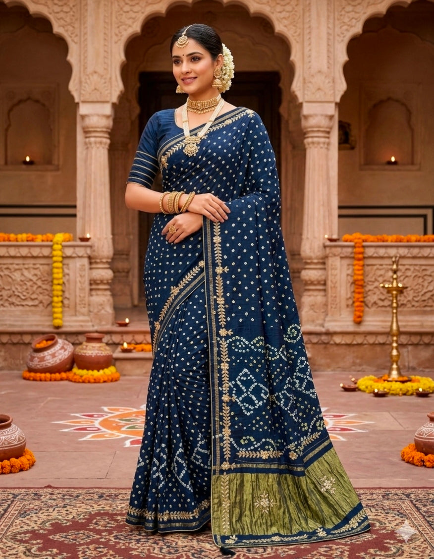 Navy Pure Gaji Silk Bandhani With Gota Pati Lagdi Patta Bandhani Saree