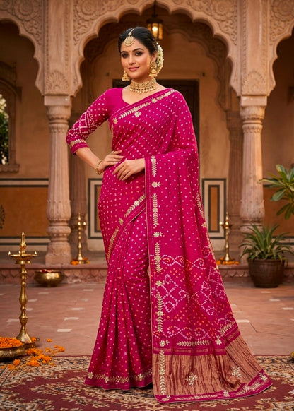 Pink Pure Gaji Silk Bandhani With Gota Pati Lagdi Patta Bandhani Saree