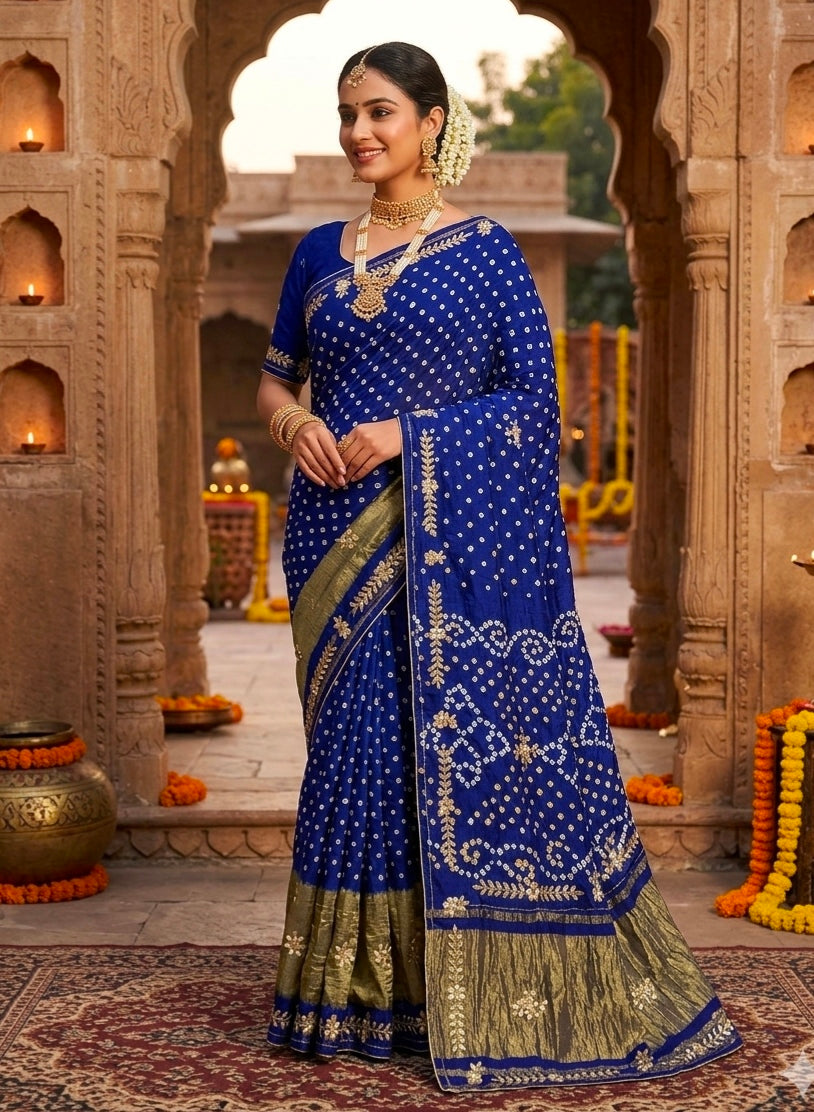 Royal Blue Pure Gaji Silk Bandhani With Gota Pati Lagdi Patta Bandhani Saree