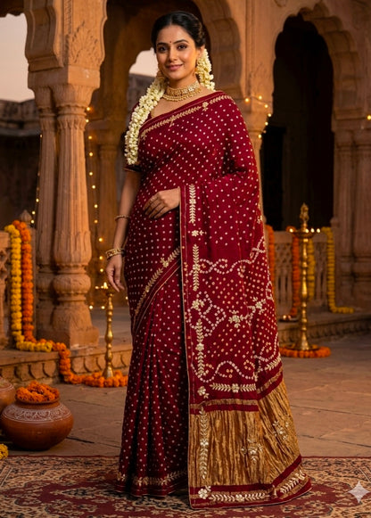 Maroon Pure Gaji Silk Bandhani With Gota Pati Lagdi Patta Bandhani Saree