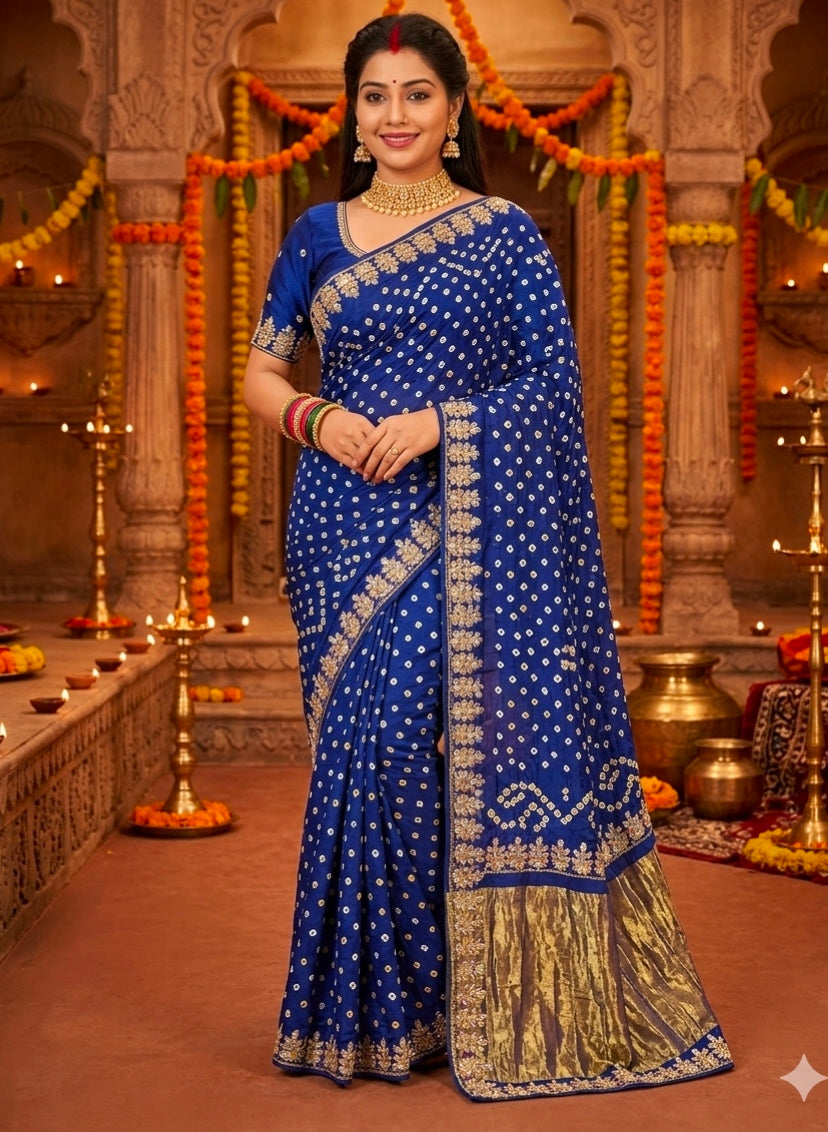 Royal Blue Pure Gaji Silk Bandhani With Gota Pati Lagdi Patta Bandhani Saree