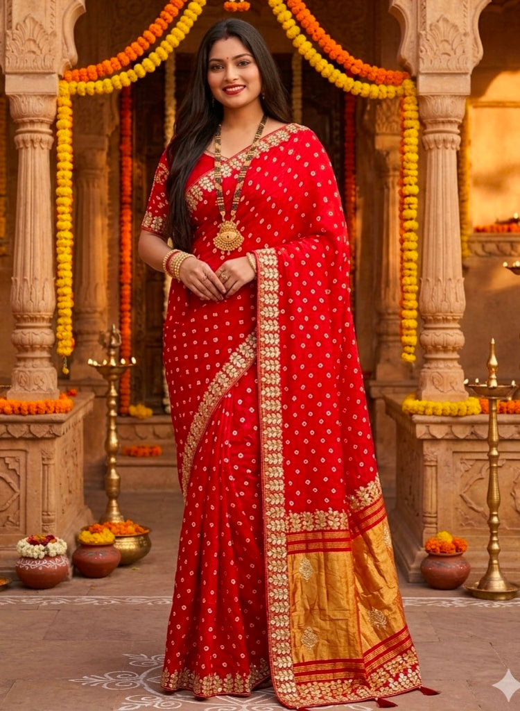 Red Pure Gaji Silk Bandhani With Gota Pati Lagdi Patta Bandhani Saree