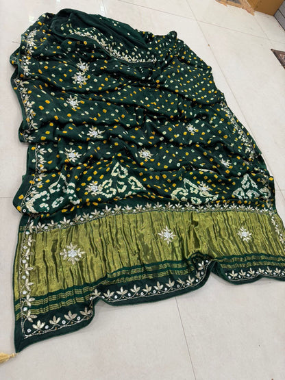 Green Pure Gaji Silk Bandhani With Gota Pati Lagdi Patta Bandhani Saree