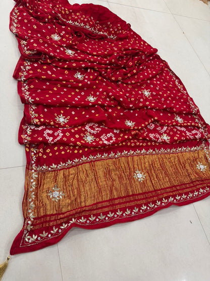 Red Pure Gaji Silk Bandhani With Gota Pati Lagdi Patta Bandhani Saree