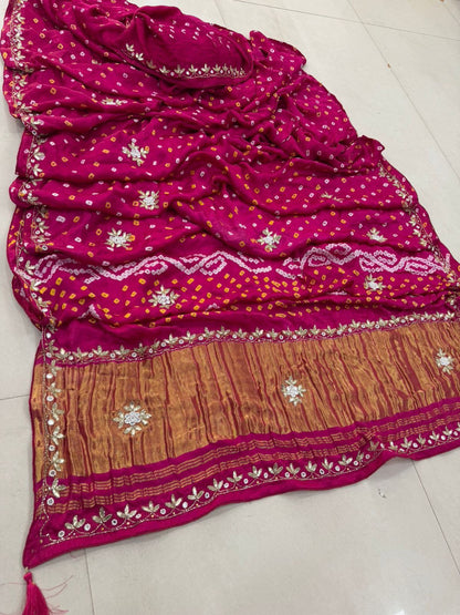 Pink Pure Gaji Silk Bandhani With Gota Pati Lagdi Patta Bandhani Saree