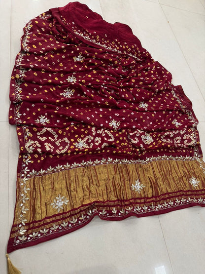 Maroon Pure Gaji Silk Bandhani With Gota Pati Lagdi Patta Bandhani Saree