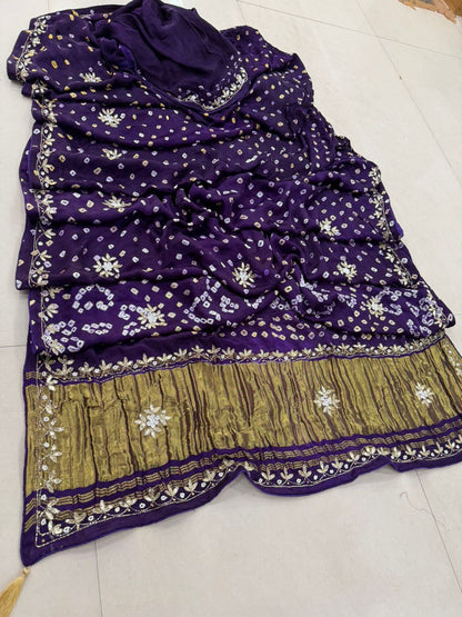 Purple Pure Gaji Silk Bandhani With Gota Pati Lagdi Patta Bandhani Saree