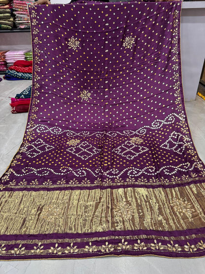 Purple Pure Gaji Silk Bandhani With Gota Pati Lagdi Patta Bandhani Saree
