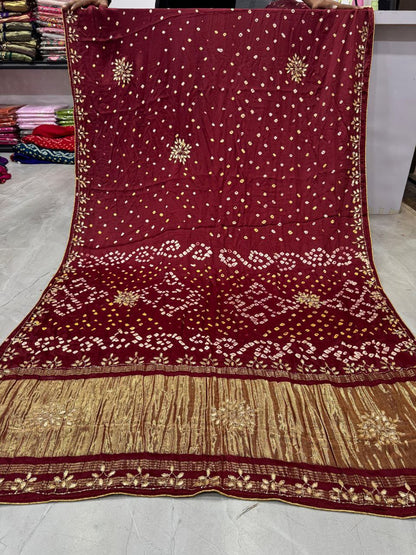 Maroon Pure Gaji Silk Bandhani With Gota Pati Lagdi Patta Bandhani Saree