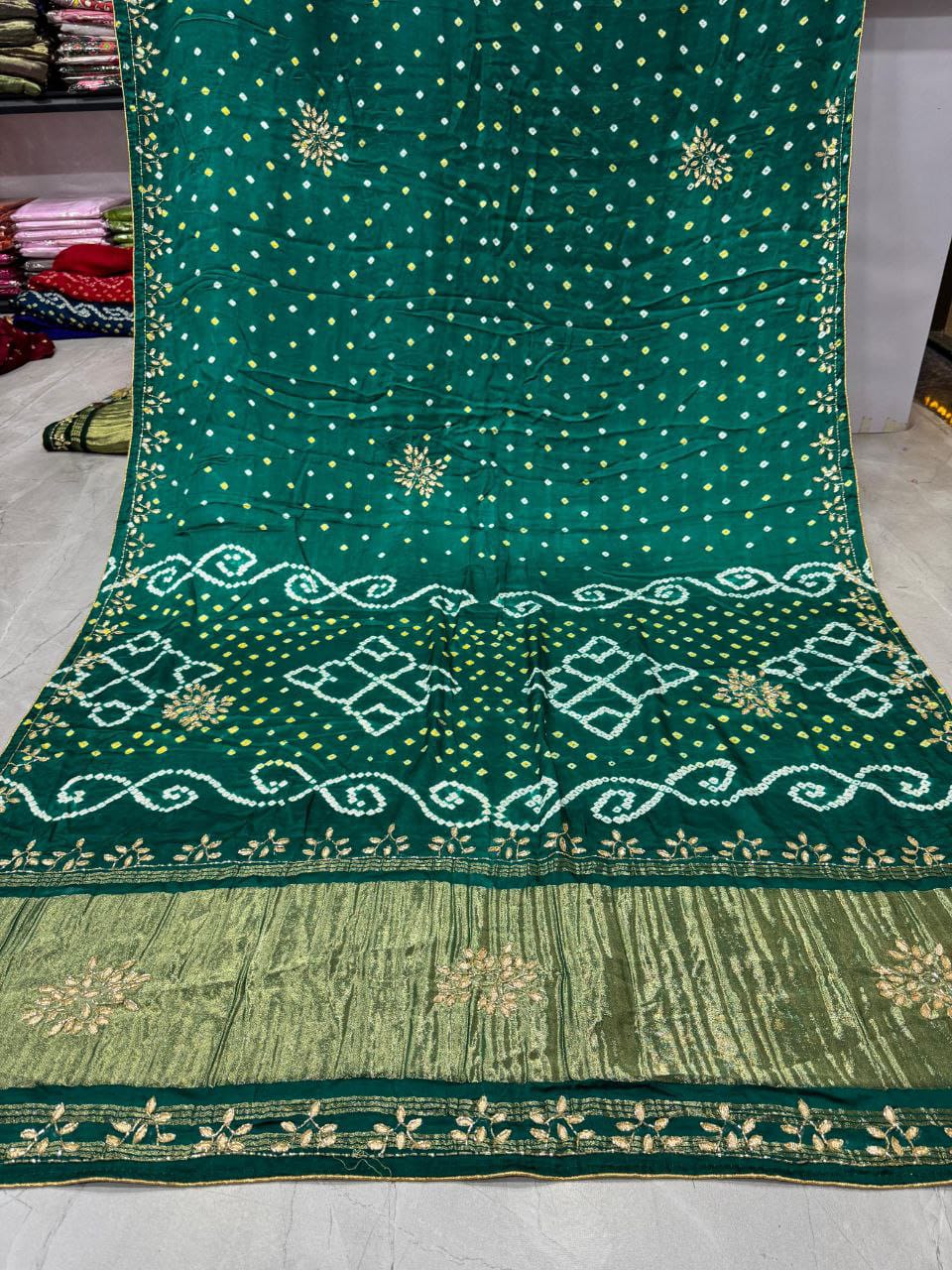 Green Pure Gaji Silk Bandhani With Gota Pati Lagdi Patta Bandhani Saree